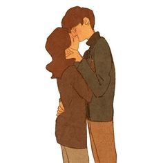 two people standing next to each other with their arms around one another and kissing in front of them