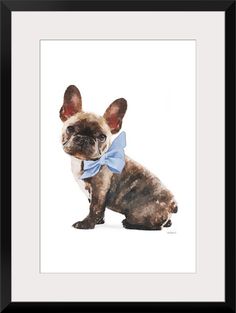 a dog with a blue bow tie sitting in front of a white background and black frame