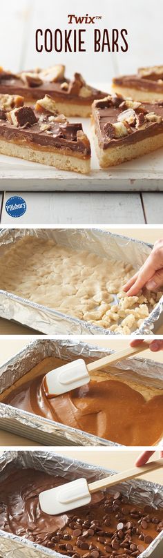 there are three different pictures of food being made in baking pans and then baked into cookie bars