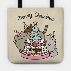 a tote bag with two cats and a christmas tree in the center, on a beige background