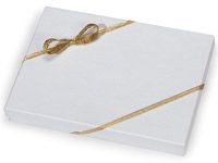 a white gift box with a gold ribbon on the front and side, tied in twine