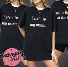 Reputation Era Mother Daughter TShirt Bundle | Swiftie Heres to my Mama Tee Set | Gift for Mom Eras Tour Outfit | Mothers Day Capture the essence of Swift's iconic lyrics with our exclusive mother-daughter t-shirt set! Inspired by her hit song, these tees feature the unforgettable words 'Here's to my mama' on one shirt and 'Had to listen to all this drama' on the other, encapsulating the bond between mothers and daughters through music. Crafted with the signature font from Swift's 'Reputation' era and reminiscent of her electrifying 'Eras ' outfits, these tees are not just apparel but a statement of shared love and strength. Whether you're attending a concert, running errands, or simply enjoying quality time together, these shirts are sure to spark joy and conversation wherever you go. Cel Tour Shirt Outfit, Iconic Lyrics, Eras Outfits, Eras Tour Shirt, Eras Tour Outfit, Reputation Era, Mama Tee, Mama T Shirt, Signature Fonts