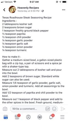 an iphone screen showing the recipe list for tex's roadhouse steak seasoning recipe