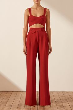 Irena High Waisted Tailored Pant | Roma Red | Pants | Shona Joy Honeymoon Wear, Statement Pants, Red Trousers, Knife Pleat, Shona Joy, Backless Top, Red Pants, Tailored Pants, Pant Set