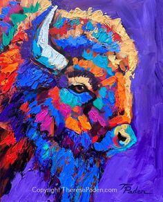 an oil painting of a bison on purple background