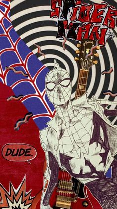 an image of a guitar with spider man on it's neck and the words, dude