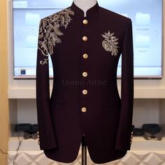 Dark maroon embellished prince coat Stylish Men Wear, Prince Coat, Groom Dress Men, Wedding Dresses Men Indian, Indian Groom Wear