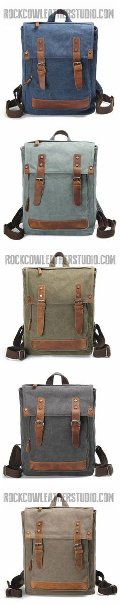 Vintage Waxed Canvas Backpack, Handmade Hiking Bag, Casual School Bag AF02 Backpack Handmade, Blue Khakis