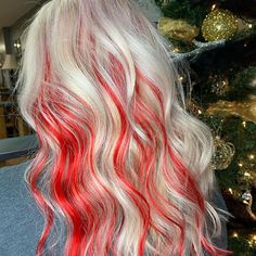 Red And White Peekaboo Hair, Blonde With Bright Red Highlights, Red Dye On Blonde Hair, Candy Cane Hair Color, White Hair Red Highlights, White And Red Hair Color, Blond And Colored Hair, Christmas Hair Dye Ideas