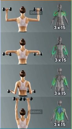 an image of a woman doing exercises with dumbbells for back and shoulder muscles