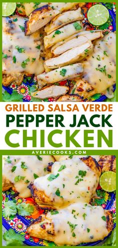 grilled salsa verde pepper jack chicken on a plate