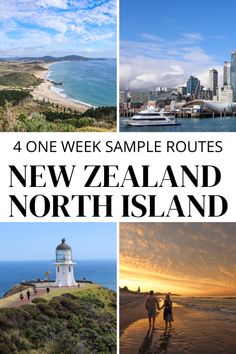 four different pictures with the words new zealand and north island on them, including two people walking