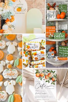 an orange themed wedding is featured in this collage