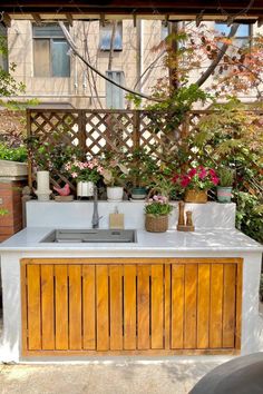 an outdoor kitchen with plants on the counter