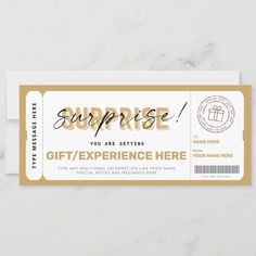 a white and gold ticket with the words surprise on it