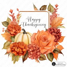 a happy thanksgiving card with flowers and pumpkins