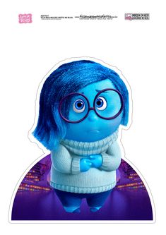 an image of a cartoon character with blue hair and glasses, wearing a sweater and bow tie