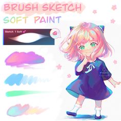 a girl with pink hair and green eyes is standing in front of a white background that says brush sketch soft paint