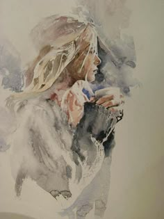 a watercolor painting of a woman's face with her hair blowing in the wind