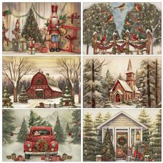 four pictures of christmas scenes with red trucks