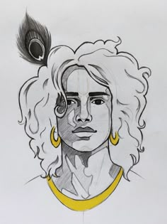 a drawing of a woman with long blonde hair and large yellow hoop earrings on her head