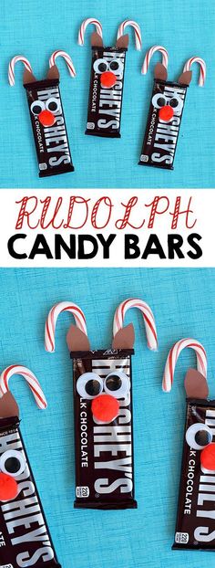 candy bar shaped like a reindeer with candy canes in its mouth and the words rudolph ah candy bars on it