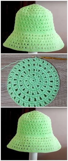 crocheted sunhat with green yarn on the top and bottom, in two different views