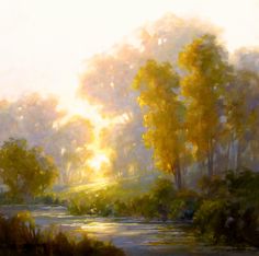 a painting of the sun shining through trees