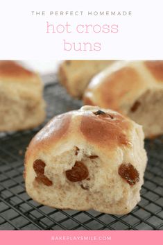 hot cross buns on a cooling rack with the words perfect hot cross buns