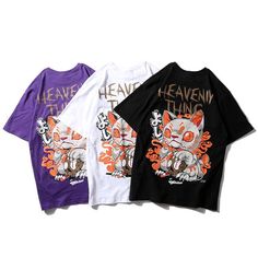 heavenly thing cat printed hip hop streetwear loose tees Black Casual Shirt With Cat Print, Casual Black Shirt With Cat Print, Cat Design Short Sleeve Top For Streetwear, Cat Print Crew Neck T-shirt For Streetwear, Cat Design Short Sleeve T-shirt For Streetwear, Short Sleeve Cat Design Top For Streetwear, Short Sleeve Tops With Cat Design For Streetwear, Casual Cat Print Tops For Streetwear, Relaxed Fit Tops With Cat Design For Streetwear