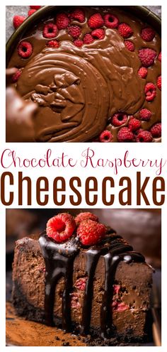 chocolate raspberry cheesecake with fresh raspberries on top and the words, chocolate raspberry cheesecake