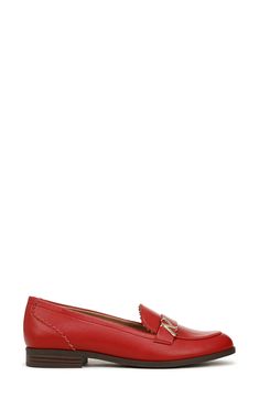 Gleaming hardware elevates the top strap of this slip-on loafer shaped by a classic moc toe. Synthetic upper/textile lining/synthetic sole Imported Red Loafers For Office In Spring, Loafers, Slip On, Faux Leather, Nordstrom, Leather