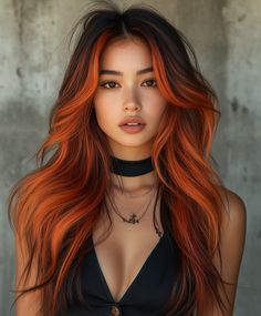 Copper mineral Fall Bob with Blunt Bangs Auburn Hair Color Classiness Edgy Orange Hair, Black To Auburn Ombre, Copper Two Tone Hair, Black Hair With Ginger Underneath, Orange And Red Hair Color, Red Hair Tan Skin Brown Eyes, Dark To Copper Hair, Red Hair Color Asian, Copper Hair With Peekaboo