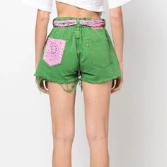 Levi's & Mc2 Saint Barth "Arizona Shorts" ***Please See Photos As They Have A Yellow Trim Around The Back Pocket On Back!!!!*** -Description: Upcycled Apple Green Cotton Cut Off Shorts With A Pink Paisley Bandana Belt And Matching Pocket & Trim Details. -Size Xs/S. They Have A Button Fly Closure But The Waist Has Had Elastic Added To It So It's Pretty Stretchy. The Bandana Tie Is Removable. Original Tag Says Size 31 -Color: Apple Green/Light Pink -Condition: "New" With Tags/ Up-Cycled "New" Vint Fitted Green Jean Shorts For Spring, Fitted Green Jean Shorts For Summer, Green Shorts With Belt Loops For Spring, Levi's Cotton Bottoms For Summer, Levi's Cotton Summer Bottoms, Levi's Green Bottoms For Spring, Green Summer Bottoms With Belt Loops, Green Bottoms With Belt Loops For Summer, Pink Cotton Bottoms With Belt Loops