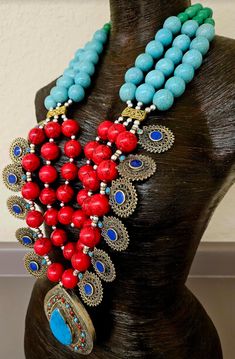 Since this is an older piece, I am open to considering reasonable best offers. Please email me. _____________________________________________________________________________________________ This stunning, jaw drop creation is from my private vault, and unworn. It is a big, bold, chunky and heavy beaded chest piece comprised of red, blue and green magnesite round beads with shiny silver tone metal balls. 12 lapis lazuli fancy filigree charms are suspended from the outer most strand and a blue and Bohemian Handmade Beaded Necklaces For Traditional Ceremonies, Beaded Necklaces For Traditional Ceremonies And Festivals, Artisan Beaded Turquoise Necklace For Festivals, Handmade Red Beaded Necklaces For Traditional Ceremonies, Traditional Beaded Necklaces For Festival Gift, Artisan Necklaces For Traditional Ceremonies And Festivals, Handmade Long Beaded Necklaces For Festive Occasions, Handmade Necklaces For Traditional Ceremonies, Handmade Traditional Necklaces For Ceremonies