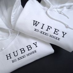 "These make for perfect and unique gifts, but they are also stylish and trendy. Celebrate a special date, birthday, new baby, anniversary or any special occasion or memory! Also great for couples or friends to match and share something special together <3 This listing is for ONE hoody. For Two hoody's please add two to your basket. Durable, soft & lovely quality unisex hoodies, sweatshirts and tshirt, personalised with your special date embroidered in Roman numerals on the breast.  Please ensure White Embroidered Graphics Hoodie, Customizable White Hoodie For Gift, Customizable White Hoodie As Gift, White Hoodie With Letter Embroidery, White Hooded Top With Custom Embroidery, White Hooded Sweatshirt Gift, White Hooded Top With Embroidered Graphics, White Letter Print Hoodie For Gift, White Letter Print Sweatshirt For Gift