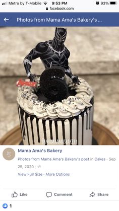 the facebook page has an image of a man on top of a black and white cake