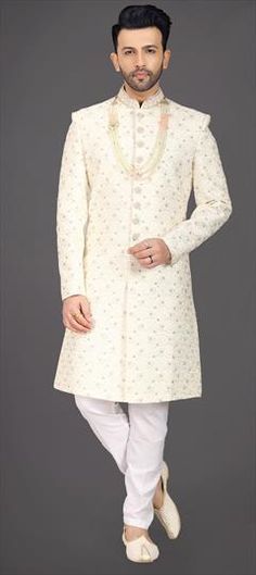 White and Off White color Sherwani in Silk fabric with Cut Dana, Embroidered, Resham, Thread work Luxury Chikankari Embroidered Sherwani For Puja, White Traditional Drape Wear For Marriage, White Traditional Drape For Marriage, White Traditional Wear With Zari Work For Marriage, White Bandhgala With Dupatta For Reception, Wedding Sherwani, Diwali Sale, Wedding White, Reception Wedding