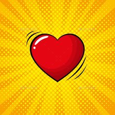 a red heart on yellow background with rays