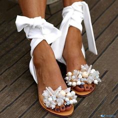 OrcaJump - Stylish White Casual Patchwork Fish Mouth Shoes for Everyday Comfort and Outdoor Activities Flat Sandals Wedding, Ankle Strap Sandals Flat, Bridal Flats, Flower Sandals, Beaded Flats, Handmade Sandals, Ankle Strap Flats, Beaded Sandals, Leather Sandals Flat