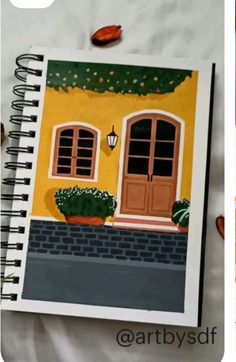 two pictures of a yellow house with red doors and windows, one has a planter on the outside