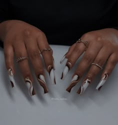 Hand Drawn Design Acrylic Nails, Earth Tone French Tip Nails, Simple Fall Nails Long, Dark Skinned Nails, Tan And Black Nails Design, Light Brown And White Nails, Neutral Christmas Nails Acrylic, Tan Acrylics, Fall Overlay Nails