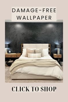 a bedroom with black walls and white bedding