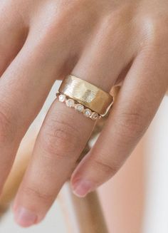 Wedding Ring With Single Cut Diamonds And Thick Band, Classic Bezel Set Stackable Promise Rings, Chunky Wedding Band, Gold Band Diamond Ring, Thick Wedding Bands, Gold Anniversary Bands, Diamond Stacks, Ring Settings