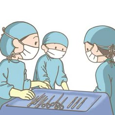 three surgeons in scrubs and masks operating on a machine