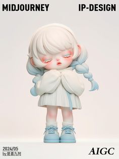 a doll with white hair and blue shoes is standing in front of a sign that says mid journey ip - design