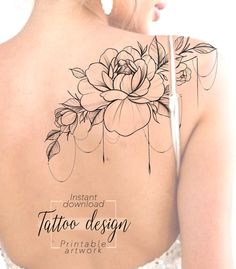 the back of a woman's shoulder with flowers on it and an arrow tattoo design