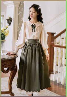 Vintage Fashion Style., Aesthetic 1800s Outfit, Old Classic Fashion, Old Fashioned Skirt, Vintage Korean Fashion, Vintage Outfits Girl, Vintage Classic Outfits, Cottagecore Skirt Outfit, Old Outfits Vintage