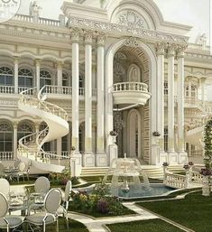 an artistic rendering of a fancy mansion with spiral staircases and white furniture in the front yard