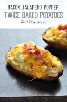 two baked potatoes with bacon, jalapeno popper and twice baked potatoes